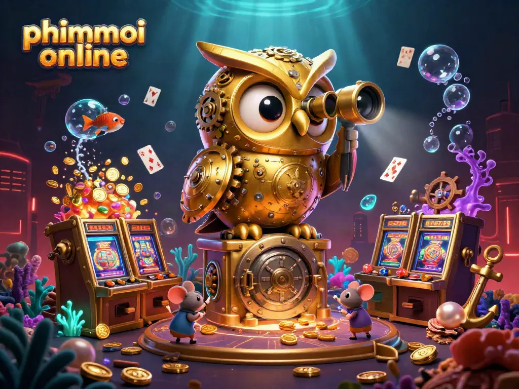 Explore phimmoi online with a golden owl observing a vibrant casino scene full of treasures and gaming.