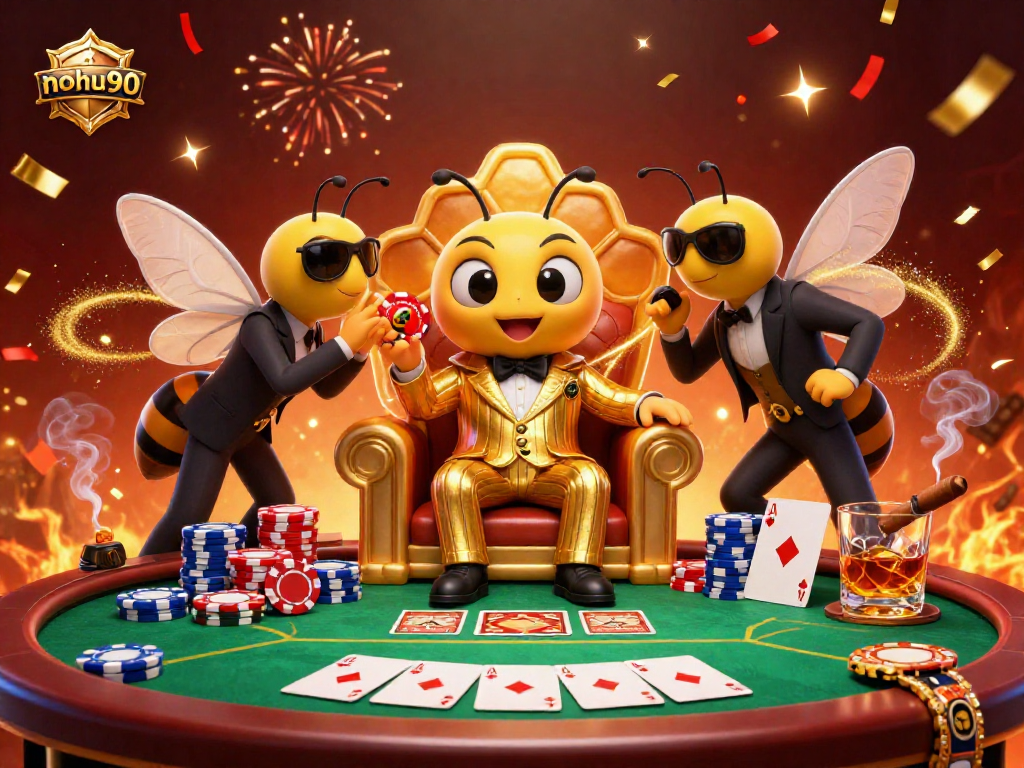 Experience nohu90 in a vibrant casino scene with a bumblebee mob boss and poker elements.