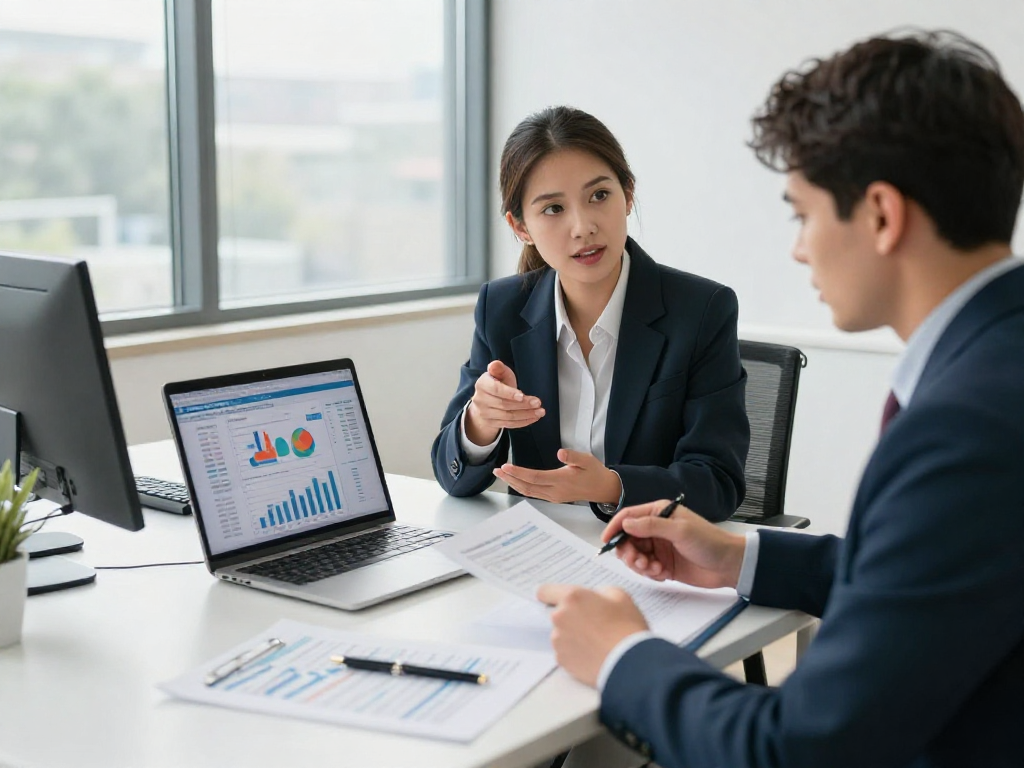 Zakelijk krediet adviesgesprek tussen ondernemer en financieel adviseur in moderne kantooromgeving.