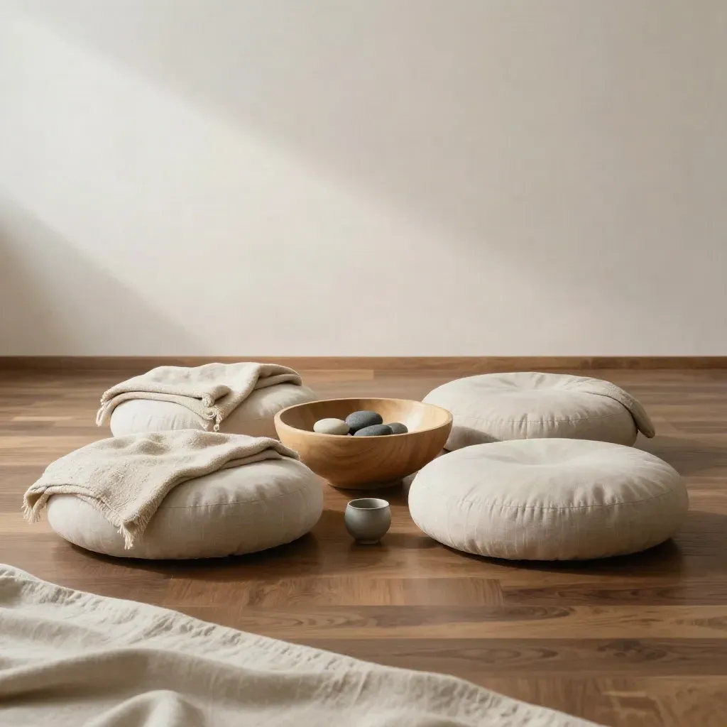 Vier meditatiekussens in een stille cirkel met dekens en stenen in een rustige studio.