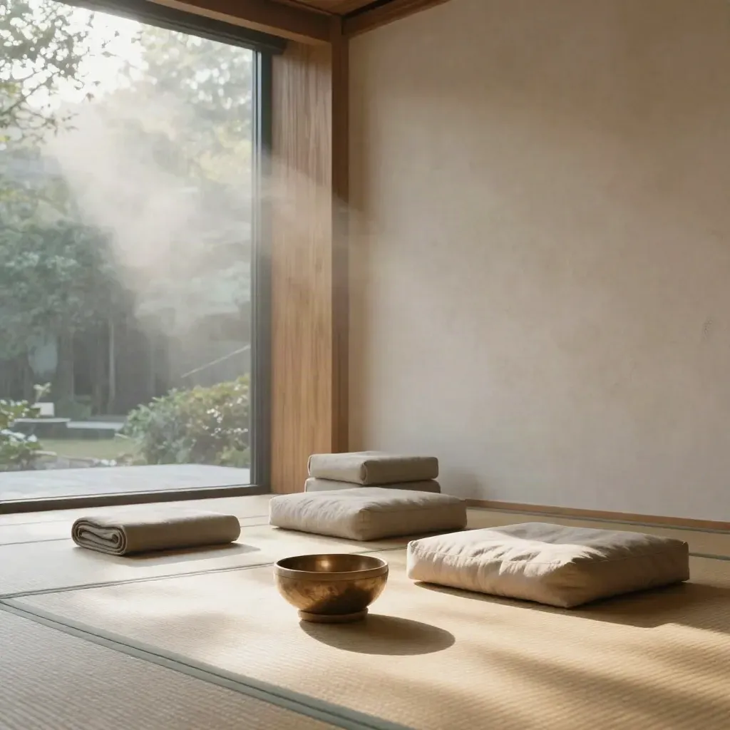 Serene mindfulnessstudio met tatamimat, meditatiekussens en klankschaal in ochtendlijk licht.