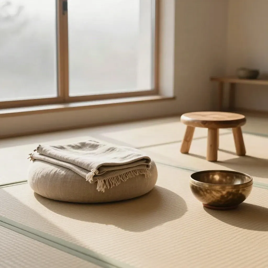 Meditatiehoek met tatami, zafu’s, plaid en klankschaal in zacht ochtendlicht.