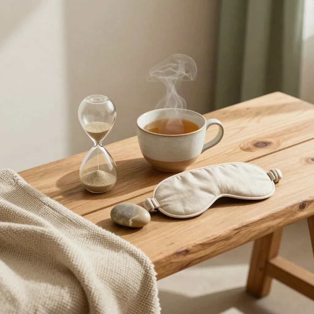 Herstelkit met plaid, thee, zandloper, oogmasker en steen op een houten bank in zonlicht.