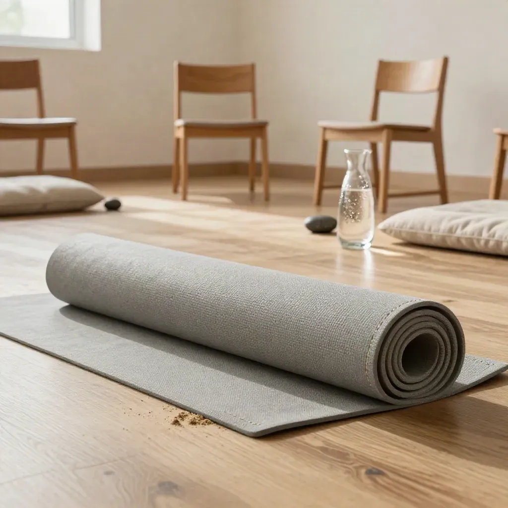 Lege ademruimte met stoelen in halve cirkel, waterkannen, stenen en opgerolde mat na training.