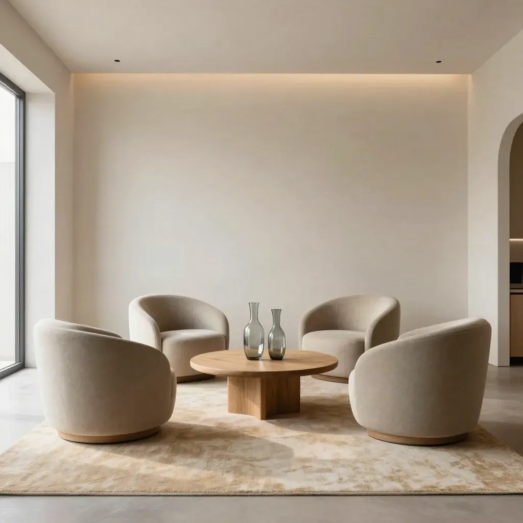 Serene overlegkamer met ronde stoelen, glazen karaffen, wollen kleed en lage houten tafel in zacht daglicht.