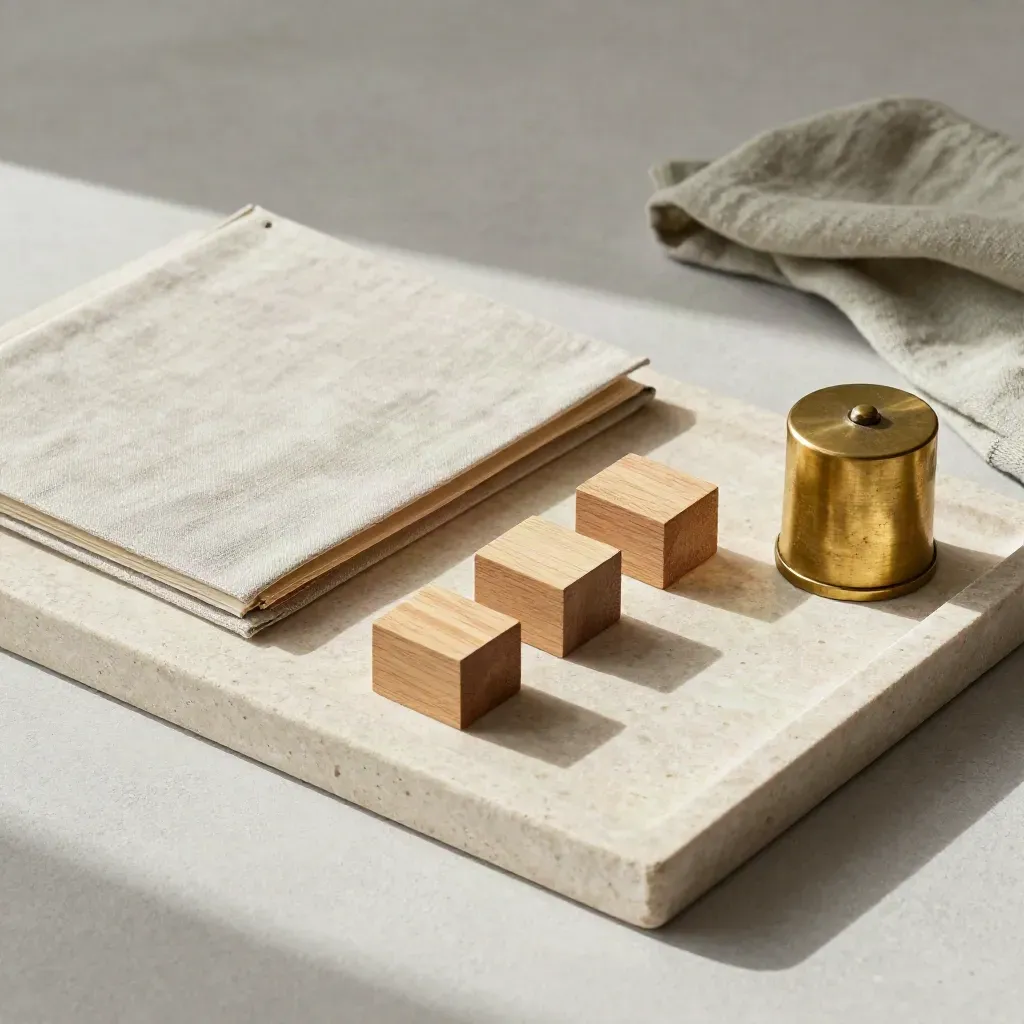 Linnen map, houten planblokken en messing paperweight op steenplaat met sage doek.