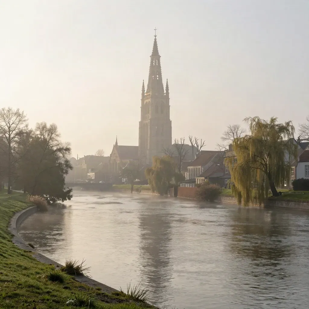 Domtoren in ochtendmist boven een stille rivierbocht en polderlandschap bij Utrecht.