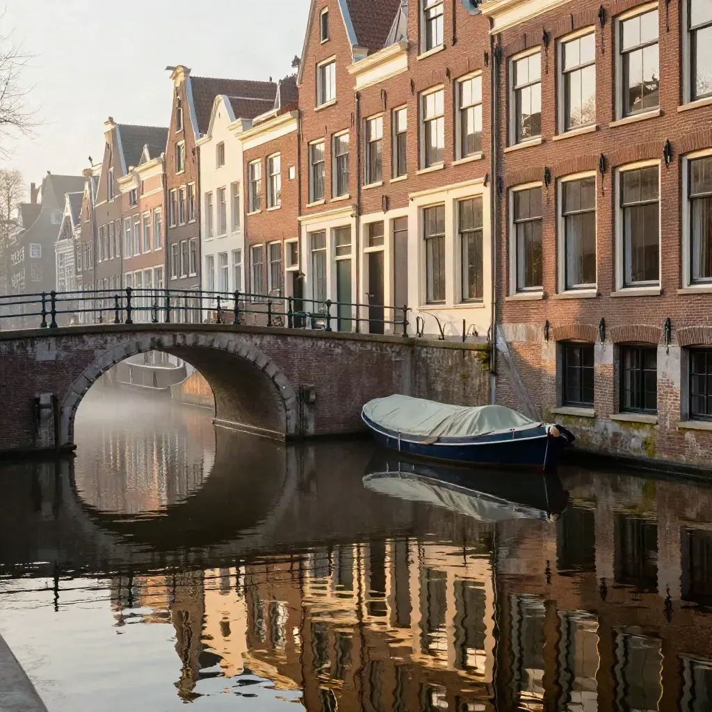Rustige Amsterdamse gracht met slanke brug, hoge gevels en spiegelend water in ochtendmist.
