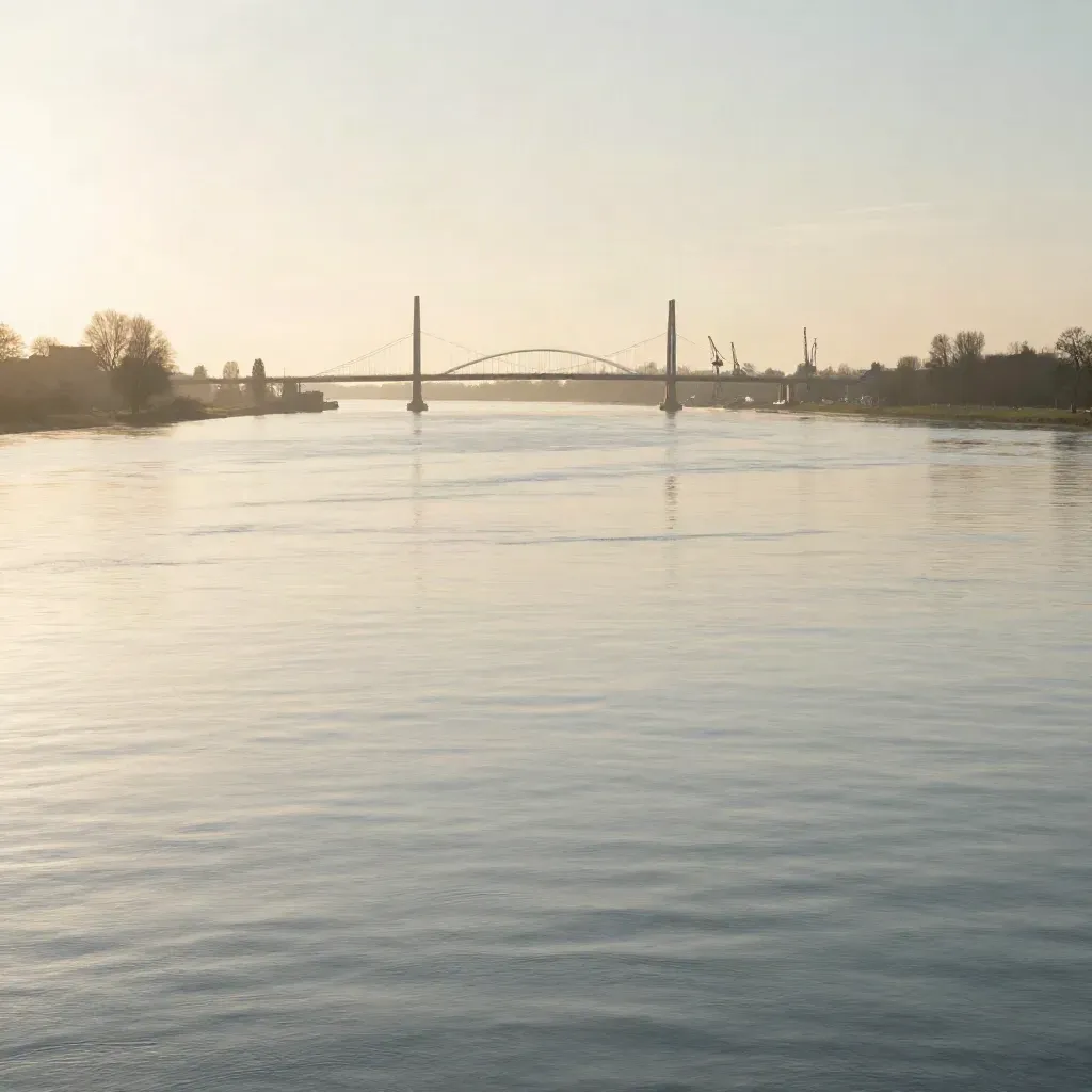 De Maas glinstert met de Erasmusbrug hoog in de nevel en rustige havenkranen op de achtergrond.