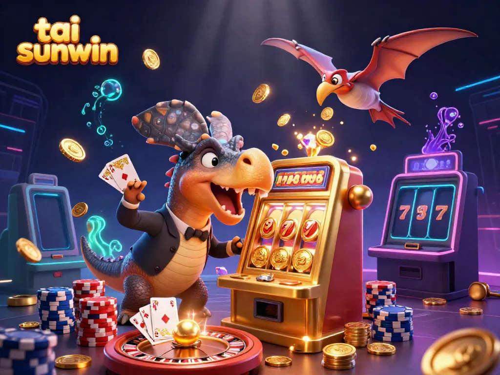 Experience excitement at tai sunwin with a cartoon dinosaur winning jackpot coins from a slot machine amidst flying tokens and vibrant casino elements.