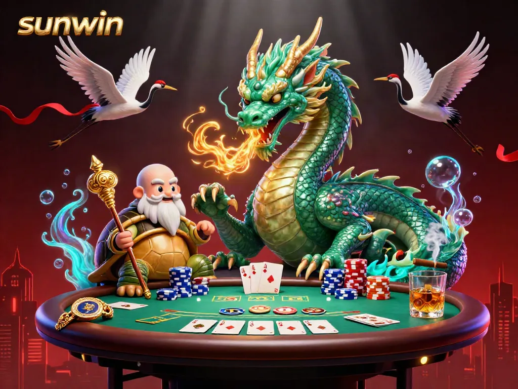 Experience the thrill of sunwin with a dynamic 3D scene featuring a jade dragon, poker elements, and vibrant game atmosphere.