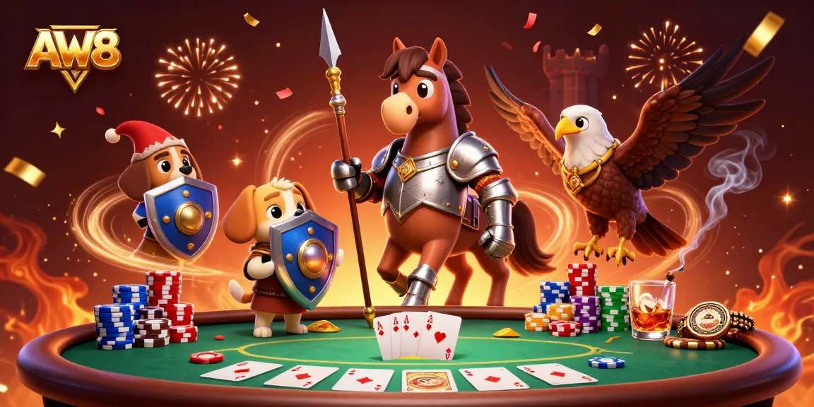 AW8 showcases a lively medieval casino scene with knights and poker elements.
