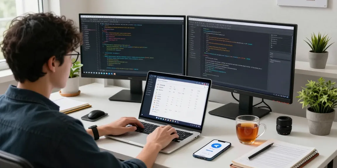 Setting up the Telegram Chinese Version in a modern tech workspace with dual monitors and language resources.