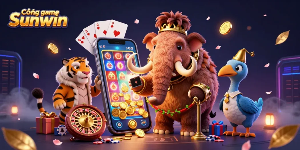 Experience the exciting world of Cổng game Sunwin with vibrant characters and casino elements in a dynamic 3D scene.