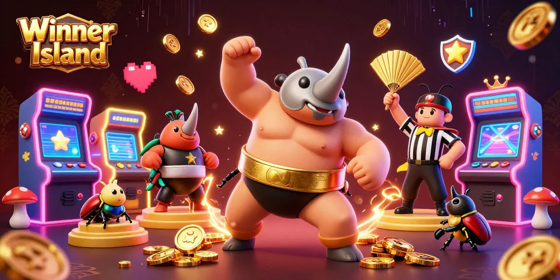 Winner Island casino illustration featuring a powerful beetle champion and vibrant game elements.