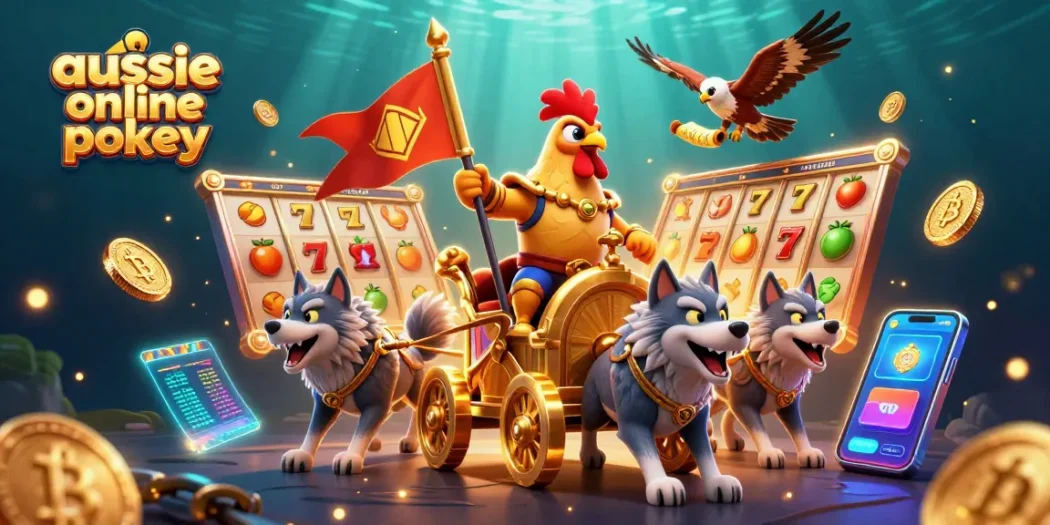 Experience thrilling aussie online pokies action with a dynamic 3D cartoon casino scene.